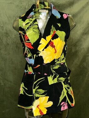 Sleeveless Floral Belted Jumpsuit - Black with Yellow & Green Floral